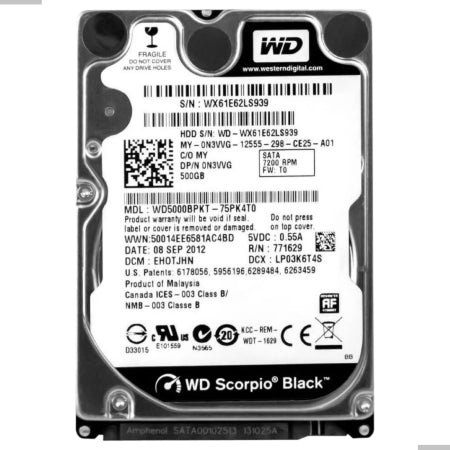 Hd Sata Interno Wd Black 500gb 7.2k 2.5 Wd5000bpkt 0n3vvg